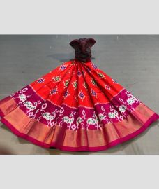 Dark Orange and Magenta color Ikkat Lehengas with all over pochampally ikkat design -IKPL0028863