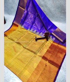 Mustard Yellow and Blue color uppada pattu handloom saree with All over Buttas Design-UPDP0014145