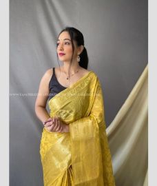 Yellow colour Organza sarees with zari border saree design -ORGS0000642