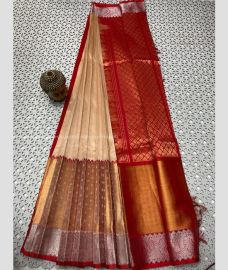 Cream and Red color mangalagiri pattu sarees with all over buttas design -MAGP0027266