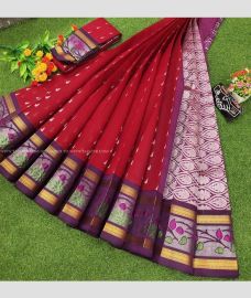 Maroon and Plum Purple color Chenderi silk handloom saree with Paithani Border Design-CNDP0015955