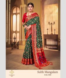 Pine Green and Red color silk sarees with Paithani Border Design-SILK0004447