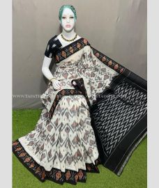 Half White and Black color pochampally Ikkat cotton handloom saree with All over Pochampally Ikkat Design-PIKT0000525