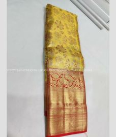 Lemon Yellow and Red color kanchi pattu handloom saree with Jari Border Design-KANP0006238