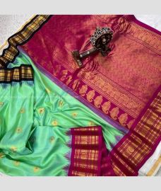 Aquamarine and Magenta color gadwal pattu sarees with temple kuttu border design -GDWP0002181