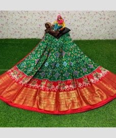 Dark Green and Red color Ikkat Lehengas with all over pochamally design -IKPL0000769