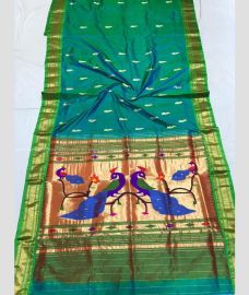 Sea Green and Blue color paithani pure silk handloom saree with peacock design saree -PTNP0000004