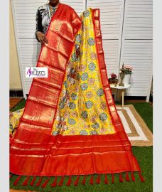 Yellow and Red color Banarasi sarees with Kalamkari Design-BANS0001696