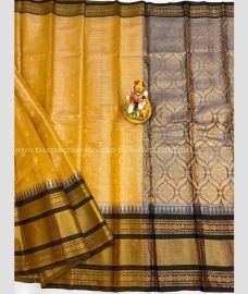 Golden and Chocolate color mangalagiri pattu handloom saree with All over Checks and Buttas Design-MAGP0025267