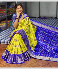 Yellow and Blue color pochampally ikkat pure silk handloom saree with All over Pochampally Ikkat Design-PIKP0016738