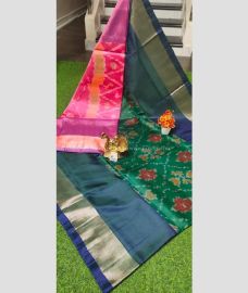 Pine Green and Pink color Uppada Soft Silk sarees with pochampally border design -UPSF0004249