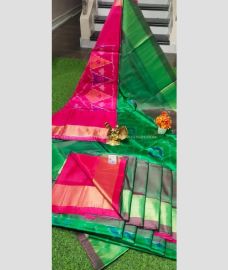 Green and Pink color Uppada Soft Silk sarees with pochampally border design -UPSF0004248
