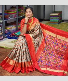 Grey and Red color pochampally ikkat pure silk handloom saree with All over Pochampally ikkat design-PIKP0016985