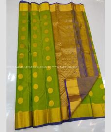 Mehndi Green and Blue color kanchi pattu handloom saree with zari border saree design -KANP0005685