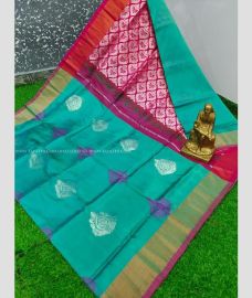 Turquoise and Red color Uppada Soft Silk handloom saree with All over Buttas Design-UPSF0002119