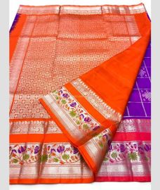 Purple and Orange color venkatagiri pattu sarees with all over checks and buttas design -VAGP0001171