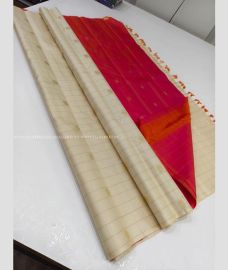 Cream and Pink color kanchi pattu sarees with all over checks and buttas design -KANP0014144