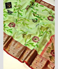Pista and Red color silk sarees with all over floral printed design -SILK0018253