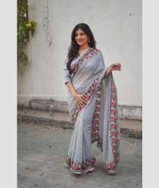 Lite Grey color Georgette sarees with Anchulatha Border Design-GEOS0004772
