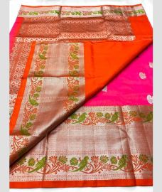 Orange and Pink color venkatagiri pattu handloom saree with all over peacock buties design -VAGP0000382