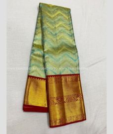 Pista Green and Red color kanchi pattu handloom saree with Jari Border Design-KANP0006221