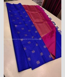 Royal Blue and Pink color kanchi pattu handloom saree with All over Checks Design-KANP0007435