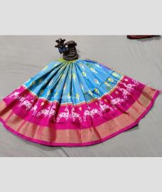 Grey and Pink color Ikkat Lehengas with All over Pochampally design-IKPL0000743