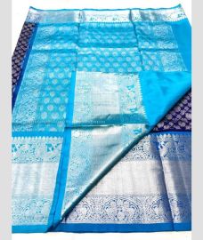 Navy Blue and Sky Blue color venkatagiri pattu sarees with all over kalamjali design -VAGP0001119