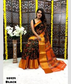 Black and Red color Organza sarees with Kalamkari Design-ORGS0001213