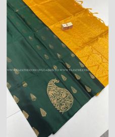Pine Green and Yellow color soft silk kanchipuram sarees with All over Jari Design-KASS0000167
