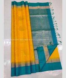 Mango Yellow and Aqua Blue color kanchi pattu handloom saree with big border saree design -KANP0005831