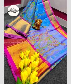 Blue and Magenta color Tripura Silk handloom saree with all over ikkat print design -TRPP0003832