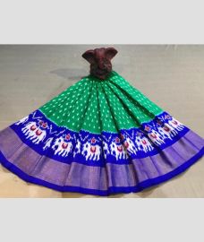 Elf Green and Royal Blue color Ikkat Lehengas with all over pochampally ikkat design -IKPL0028862