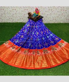 Royal Blue and Orange color Ikkat Lehengas with All over Pochampally design-IKPL0000768