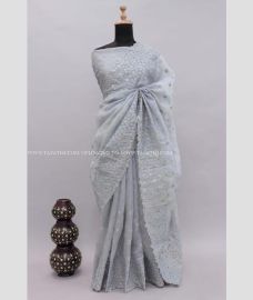 Grey color Organza sarees with All over Thread Work Design-ORGS0001471