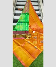 Mustard Yellow and Green color Uppada Soft Silk sarees with pochampally border design -UPSF0004261