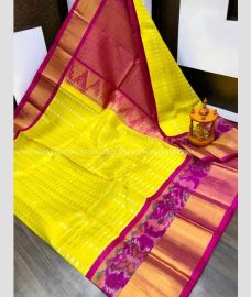 Yellow and Magenta color kuppadam pattu handloom saree with Pochampally Border Design-KUPP0042787