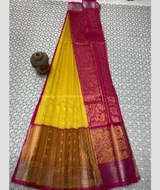 Yellow and Deep Pink color mangalagiri pattu sarees with all over buttas design -MAGP0027269