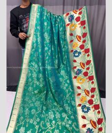 Medium Teal and Cream color paithani sarees with All over 3D Printed Design-PTNS0005224