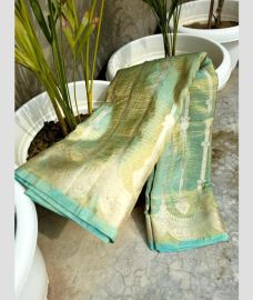 Turquoise and Golden banarasi sarees with All over Strips design