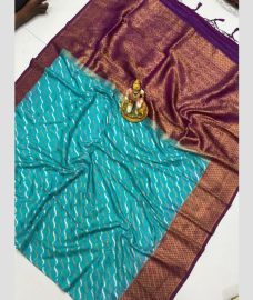 Turquoise and Plum Purple banarasi sarees with Pochampally Border design