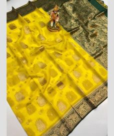 Yellow and Dark Green banarasi sarees with Pochampally Border design