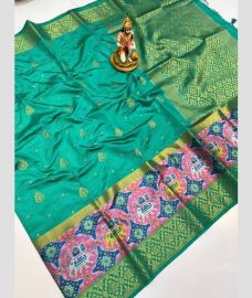 Turquoise and Rose Pink banarasi sarees with Pochampally Border design