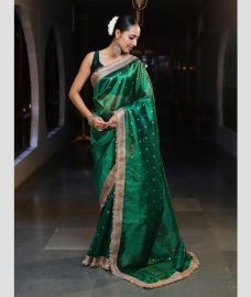 Green and Cream banarasi sarees with All over Buttas design