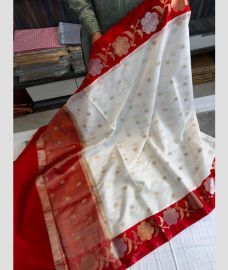 white and maroon red colour banarasi sarees with All over Buttas design