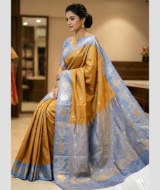 brown and light blue colour banarasi sarees with All over Buttas design