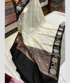 cream and charcoal colour banarasi sarees with All over Buttas design