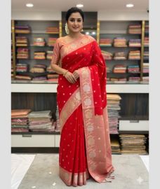 maroon red colour banarasi sarees with All over Buttas design