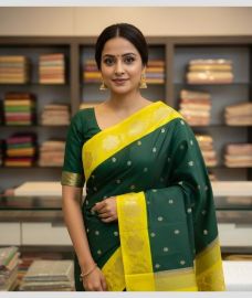 green and yellow colour banarasi sarees with All over Buttas design