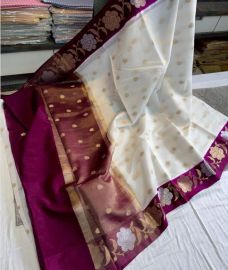 purple and light cream colour banarasi sarees with All over Buttas design